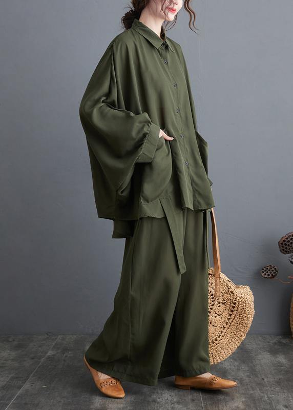 Blackish Green Two Piece Leisure Wide Legged Pants With Spring Art Loose Chiffon Shirt - SooLinen