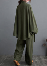 Blackish Green Two Piece Leisure Wide Legged Pants With Spring Art Loose Chiffon Shirt - SooLinen