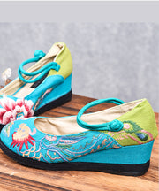 Blue High Wedge Heels Shoes Wedge Cotton Fabric Handmade Embroideried Patchwork Buckle Strap High Wedge Heels Shoes