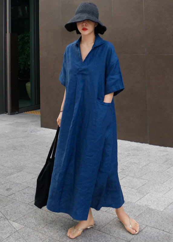 Blue Wrinkled Side Open Linen Dress Short Sleeve