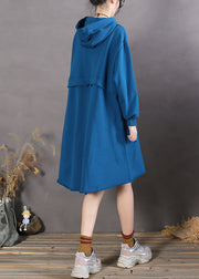 Blue drawstring Cotton Loose Sweatshirts dress Spring