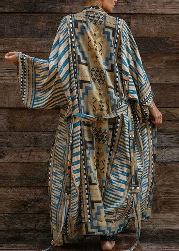 Bohemian Blue Geometric Print Long sleeve kimono robe Mid Summer Cotton - SooLinen