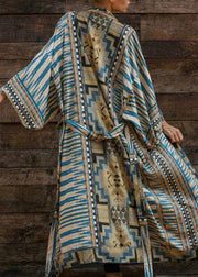 Bohemian Blue Geometric Print Long sleeve kimono robe Mid Summer Cotton - SooLinen