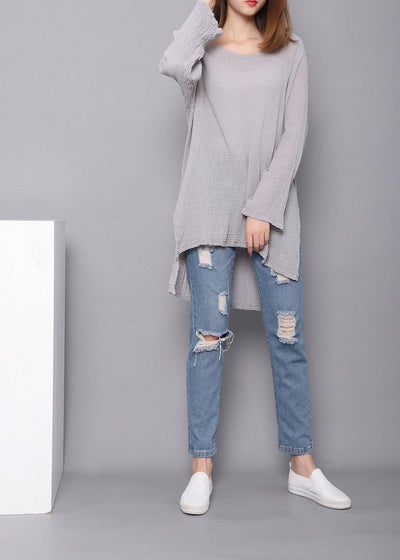 Bohemian Gray U Neck low high design Linen Shirts Spring - SooLinen