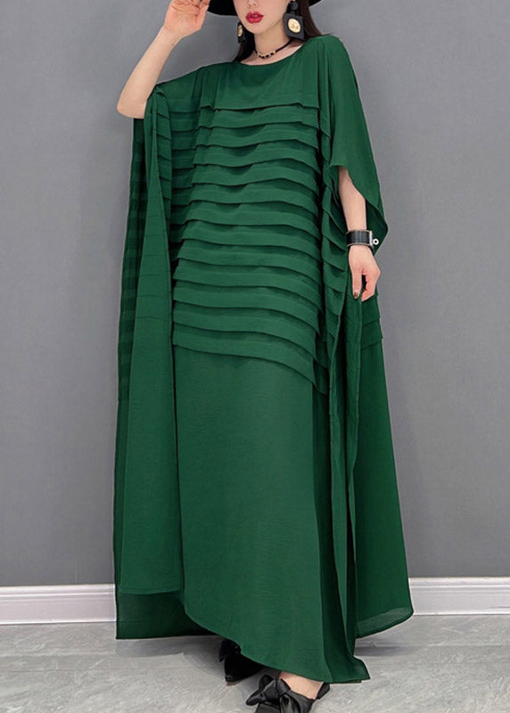 Grace Green O-Neck Striped Chiffon Ankle Dress Batwing Sleeve