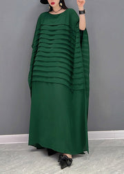 Grace Green O-Neck Striped Chiffon Ankle Dress Batwing Sleeve