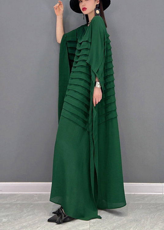 Grace Green O-Neck Striped Chiffon Ankle Dress Batwing Sleeve