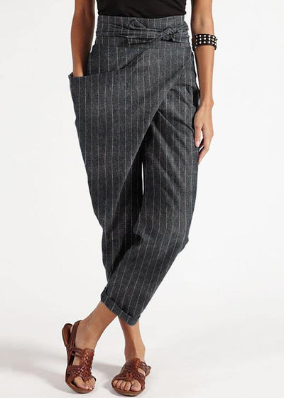 Bohemian Grey Striped High Waist Cotton Harem Pants Summer - SooLinen