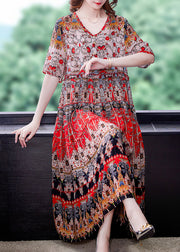 Bohemian Red V Neck Print Draping Chiffon Long Dresses Short Sleeve