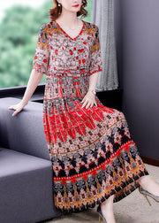 Bohemian Red V Neck Print Draping Chiffon Long Dresses Short Sleeve