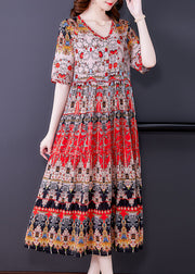 Bohemian Red V Neck Print Draping Chiffon Long Dresses Short Sleeve