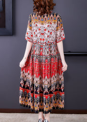 Bohemian Red V Neck Print Draping Chiffon Long Dresses Short Sleeve