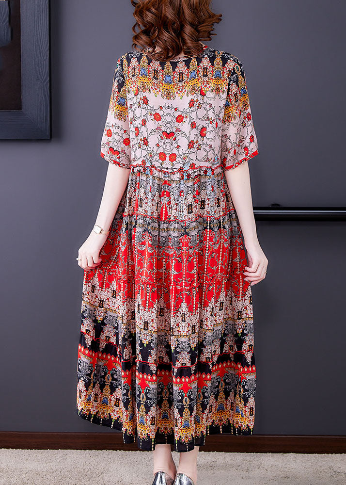 Bohemian Red V Neck Print Draping Chiffon Long Dresses Short Sleeve