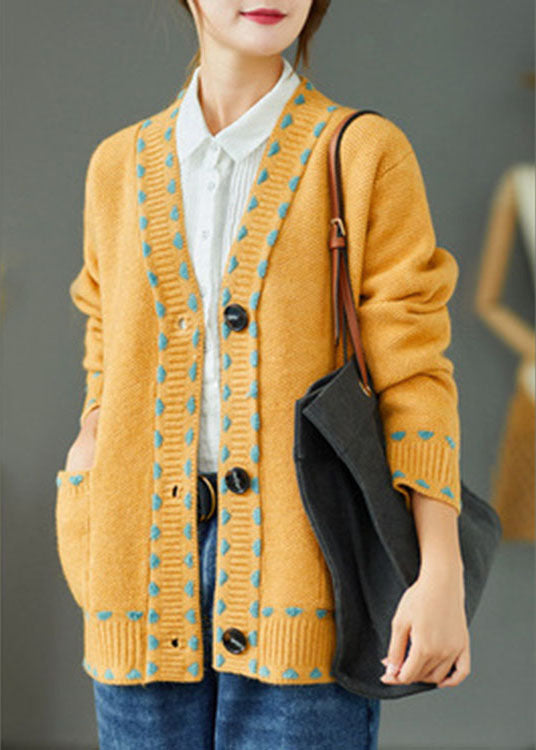 Bohemian Yellow Loose Button Pockets Fall Knit Sweater Coat