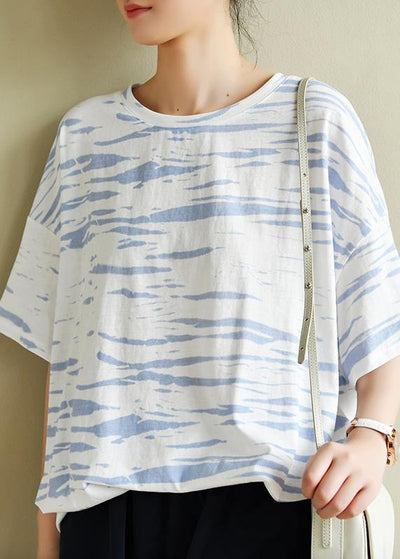 Bohemian o neck half sleeve summer shirts Wardrobes white striped top - SooLinen