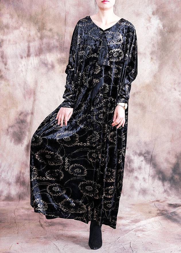 Bohemian prints velour dresses Work black v neck Kaftan Dress fall - SooLinen