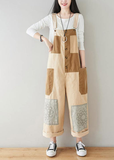 Boho Beige Patchwork Jeans Jumpsuit - SooLinen