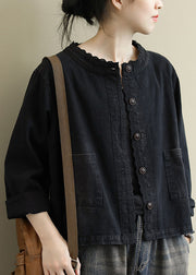 Boho Black Casual Button Embroideried Fall Denim Coat