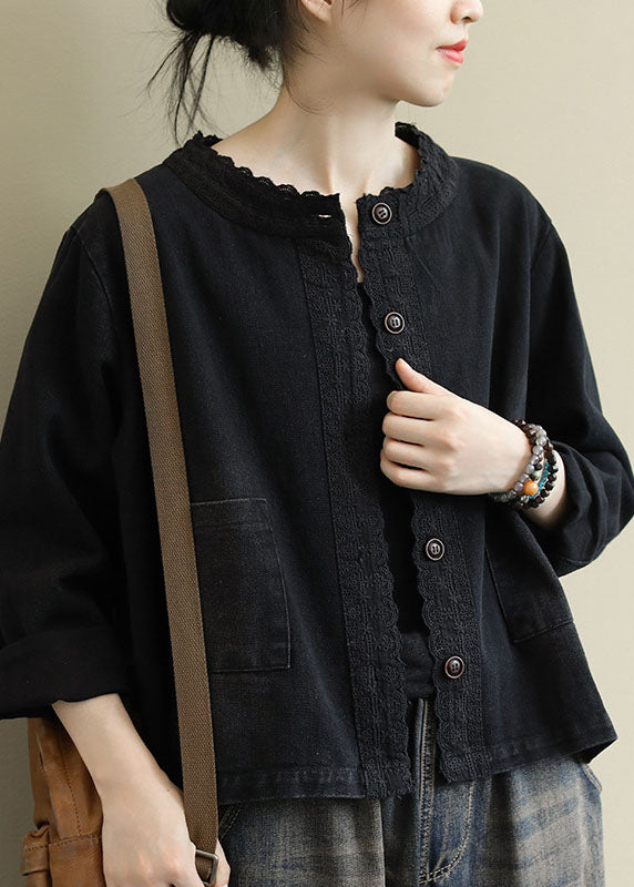 Boho Black Casual Button Embroideried Fall Denim Coat