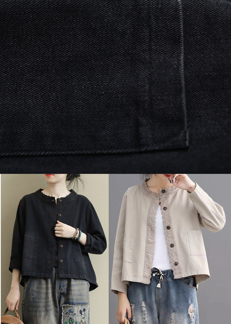 Boho Black Casual Button Embroideried Fall Denim Coat