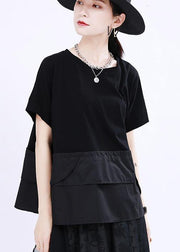 Boho Black O-Neck Patchwork Cotton Tops Summer - SooLinen