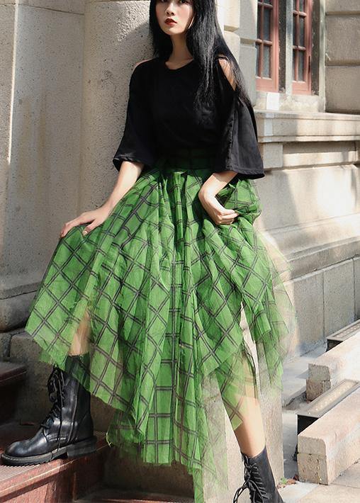 Boho Green Plaid tulle asymmetrical design Skirt Summer - SooLinen