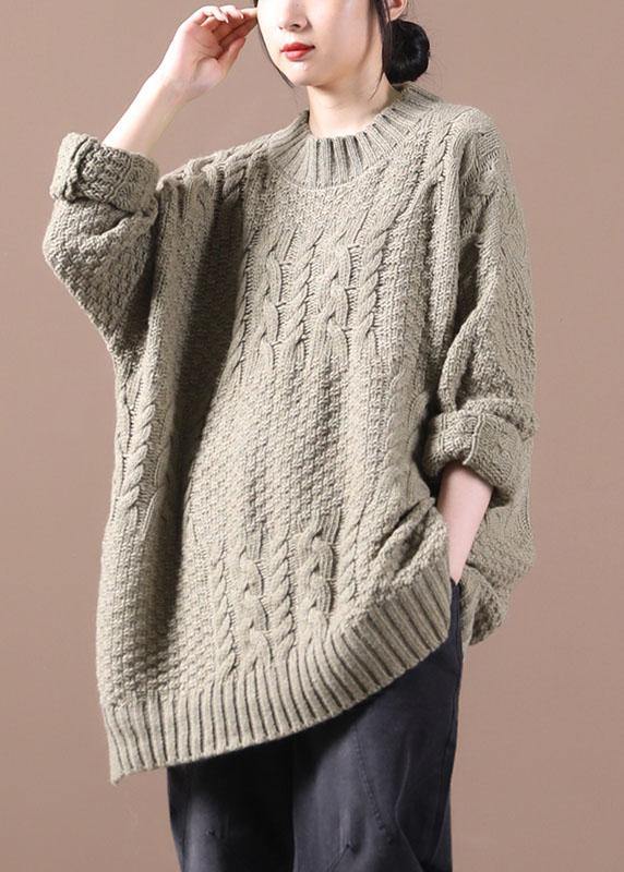 Boho Khaki Loose Cable knit Fall Long Knit Top - SooLinen