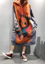 Boho Orange Hooded Dress Cartoon Printing Spring Maxi Dress - SooLinen