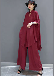 Boho Red Peter Pan Collar shirt wide leg pants Satin Two Pieces Set Spring