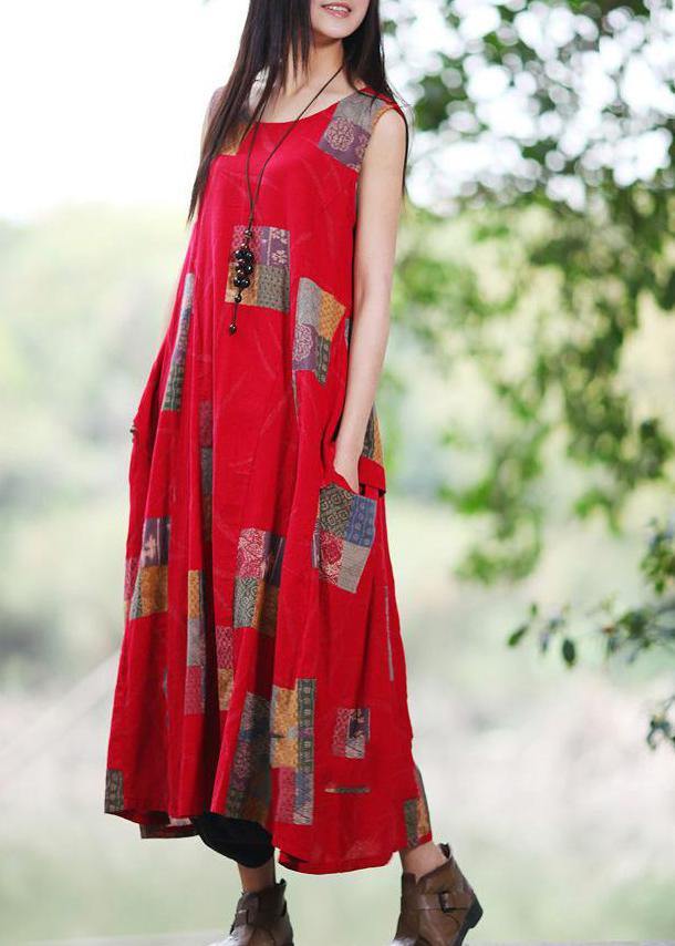 Boho Red U Neck Dress Print Sleeveless Summer Dress - SooLinen