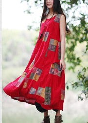 Boho Red U Neck Dress Print Sleeveless Summer Dress - SooLinen