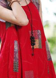 Boho Red U Neck Dress Print Sleeveless Summer Dress - SooLinen