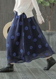 Boho dark Blue elastic waist dot print Linen Skirts Spring