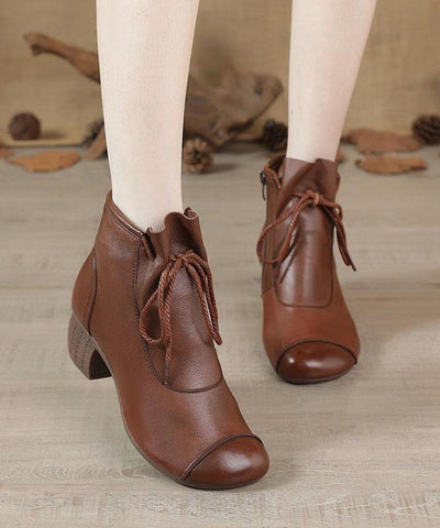 Brown Chunky Cowhide Leather Simple Splicing Ankle boots - SooLinen