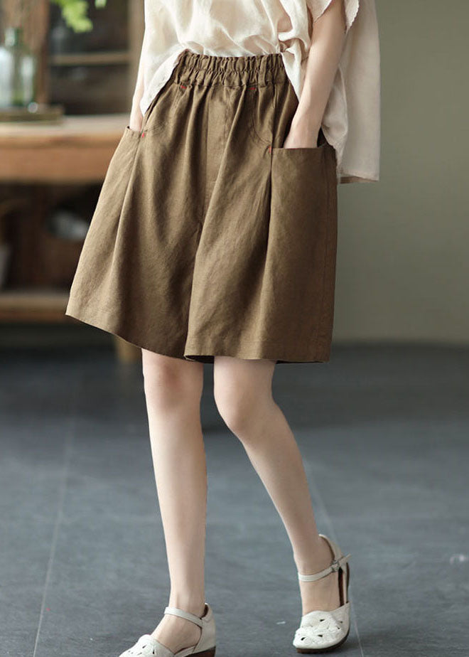 Brown Pockets Linen Wide Leg Shorts Elastic Waist Summer