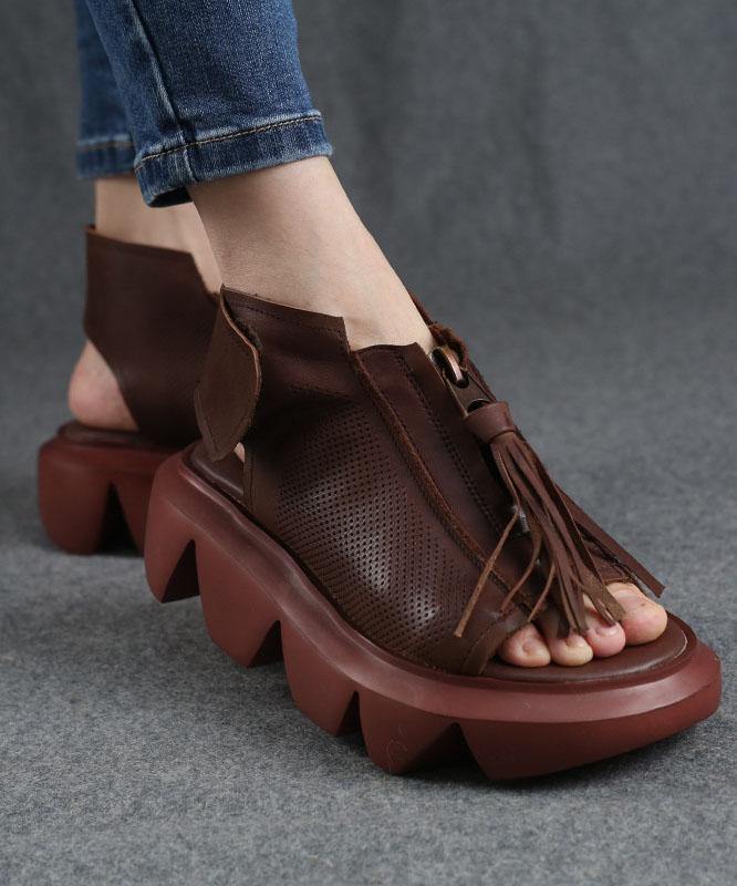 Brown zippered Flat Sandals Platform Walking Sandals - SooLinen