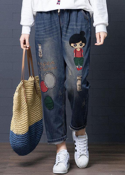 Cartoon Embroidery Hollow Drawstring Waist Denim Jeans - SooLinen