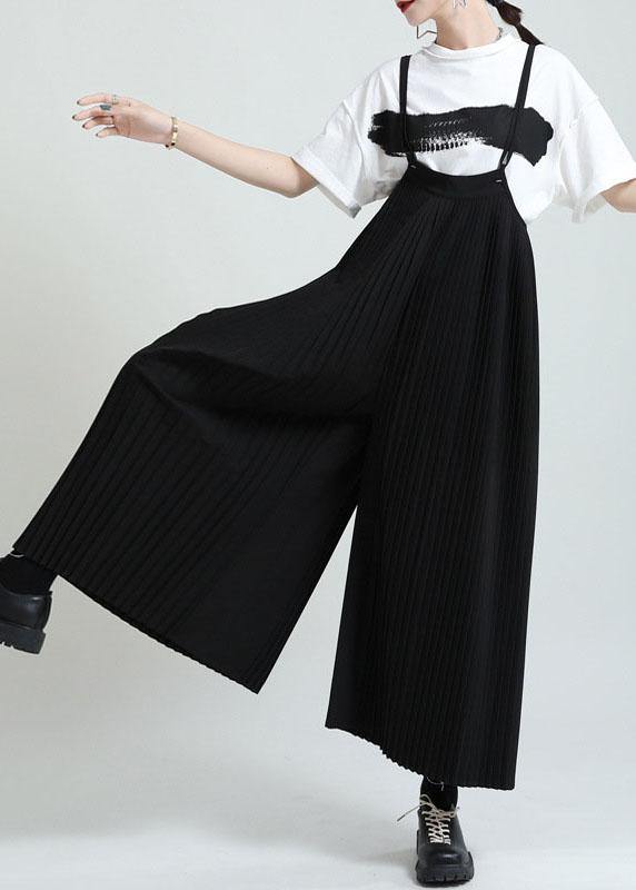 Casual Black High Waist Wrinkled Wide Leg Summer Jumpsuit - SooLinen