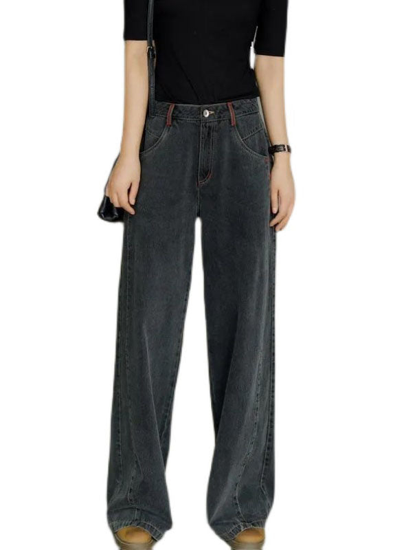 Casual Black High Waist Zip Up Draping Pockets Cotton Denim Wide Leg Pants Summer