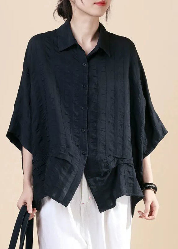 Casual Black PeterPan Collar Button Bat wing Sleeve Fall Shirt Top