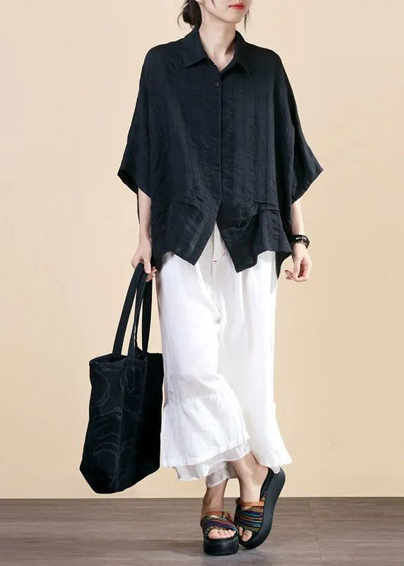 Casual Black PeterPan Collar Button Bat wing Sleeve Fall Shirt Top