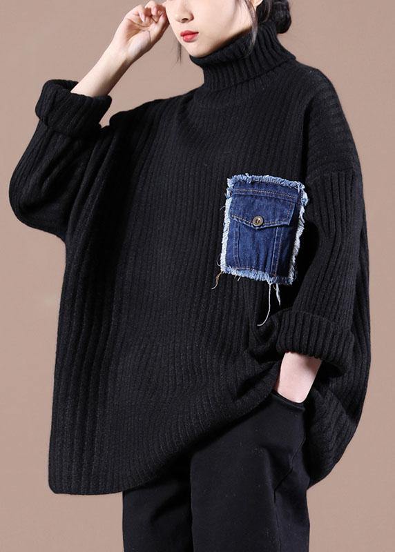 Casual Black Pockets High Neck Fall Knit Top - SooLinen