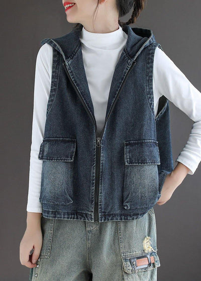 Casual Blue Denim Zippered Pockets Fall Sleeveless Waistcoat - SooLinen