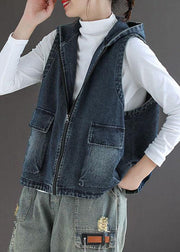 Casual Blue Denim Zippered Pockets Fall Sleeveless Waistcoat - SooLinen