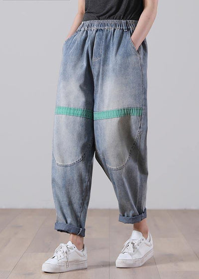 Casual Blue Elastic Waist Harem Summer Cotton Pants - SooLinen