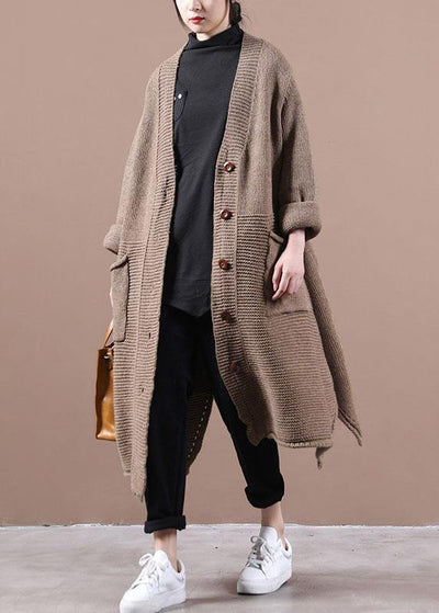 Casual Chocolate V Neck Pockets Fall Long Sweater Coat - SooLinen