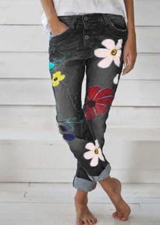 Casual Flower Print Button Denim Long Jeans For Women - SooLinen