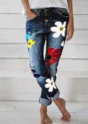 Casual Flower Print Button Denim Long Jeans For Women - SooLinen