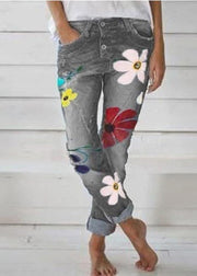 Casual Flower Print Button Denim Long Jeans For Women - SooLinen