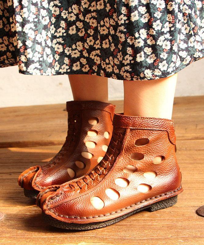 Casual Hollow Out Boots Brown Cowhide Leather - SooLinen